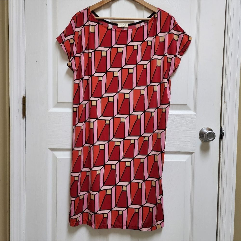 SIYU Dress 6 Red Multi Geometric Short Sleeve Knit Pullover Spain 40 Mini Spain